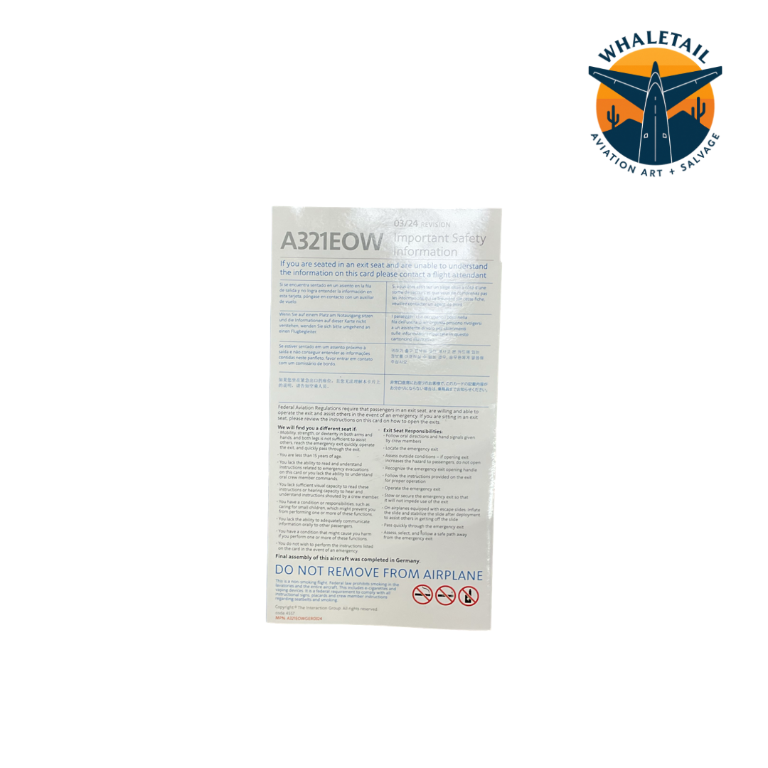 American Airlines A321EOW Safety Card & Inflight Menu Combo