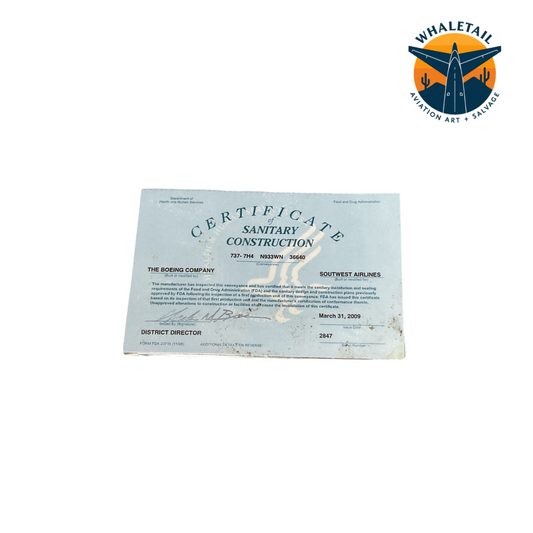 Aircraft Sanitary Construction Certificate – SWA Boeing 737 | Original Aircraft Documentation