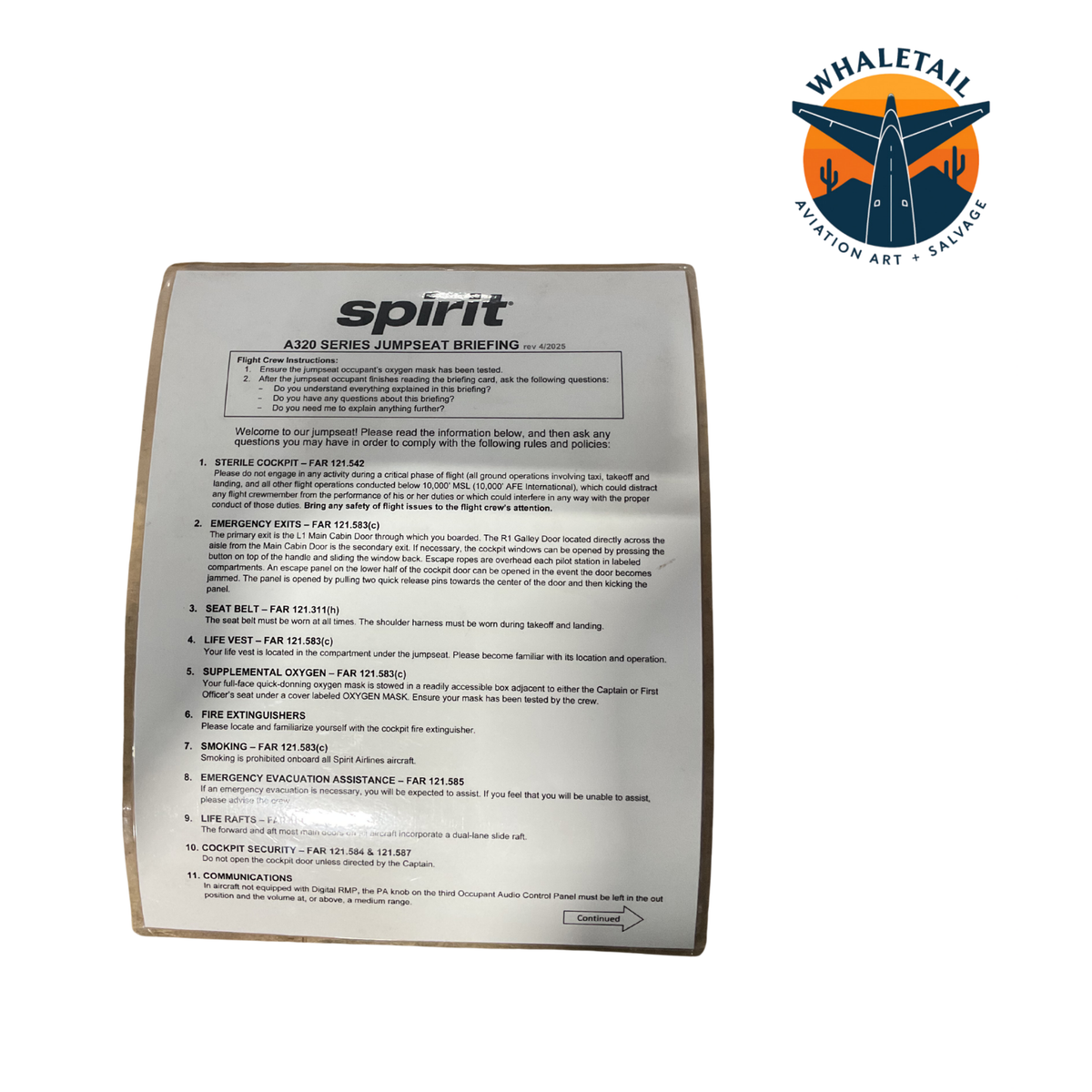 Retired Spirit Airlines Jumpseat Briefing Card