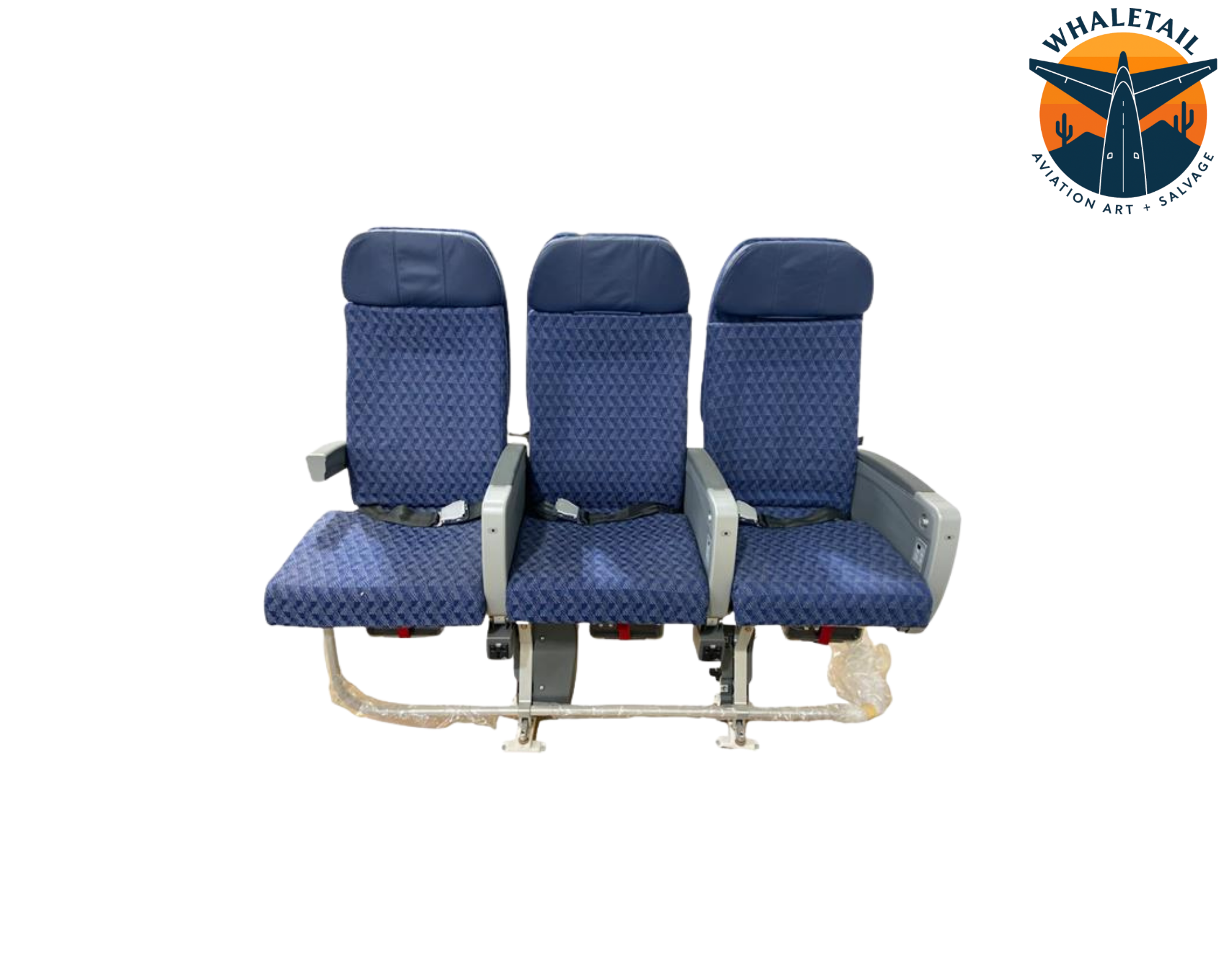 MD-80 Aircraft Row of 3 Seats Blue Cloth w/Leather Headrests Bulkhead with short arm