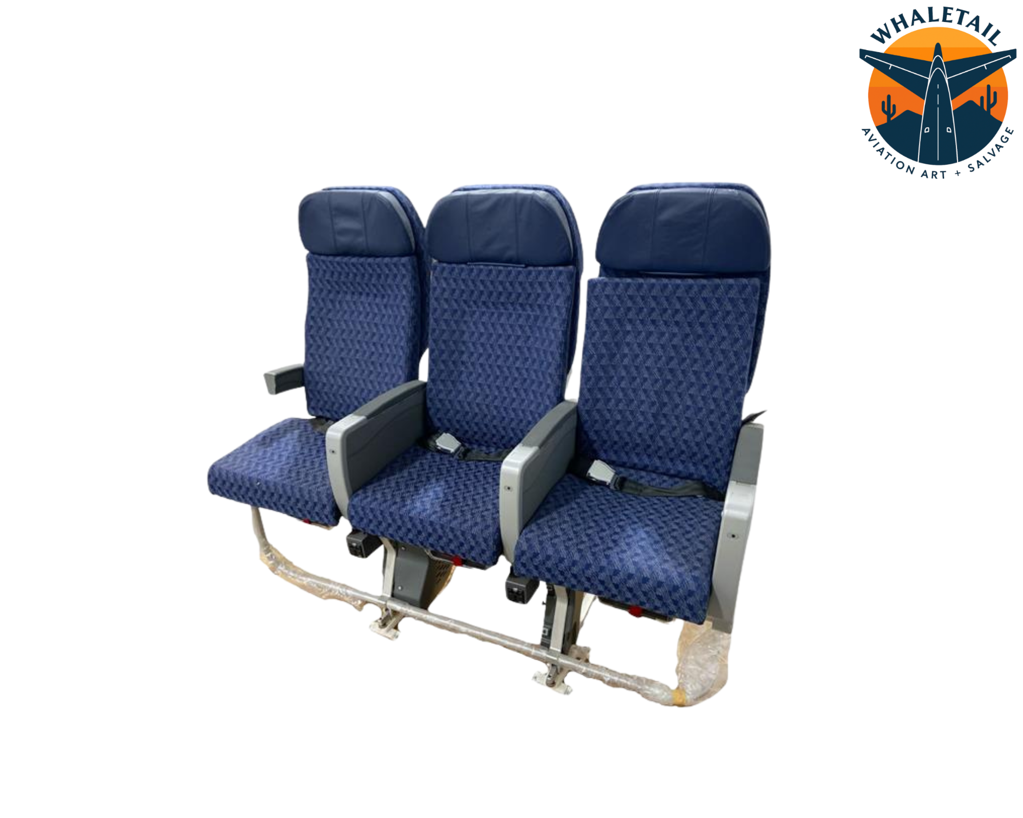 MD-80 Aircraft Row of 3 Seats Blue Cloth w/Leather Headrests Bulkhead with short arm