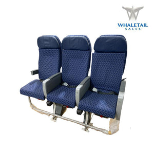 MD-80 Aircraft Row of 3 Seats Blue Cloth w/Leather Headrests Bulkhead with short arm