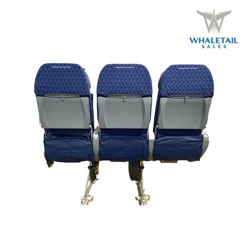 MD-80 Aircraft Row of 3 Seats Blue Cloth w/Leather Headrests Bulkhead with short arm