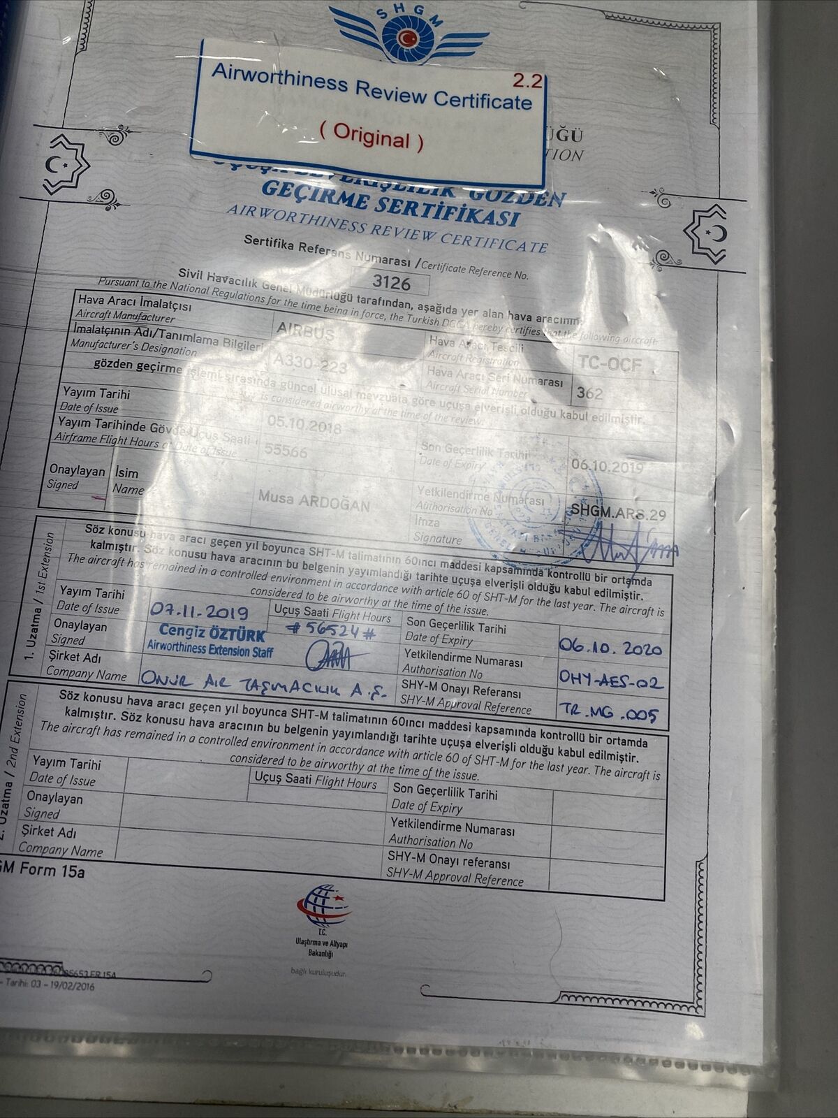 Original A330-200 Onur Air "True Certified Copy of Carry on Documents, Manuals"